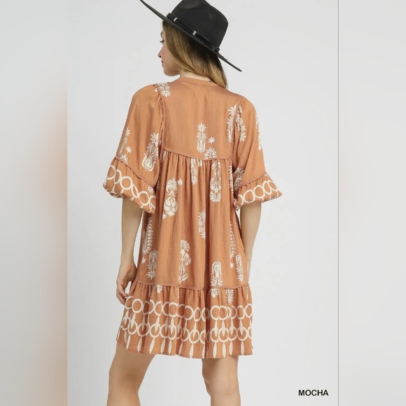 Umgee Boarder Print Tassel Tie Neck Mini Dress - Picture 3 of 5